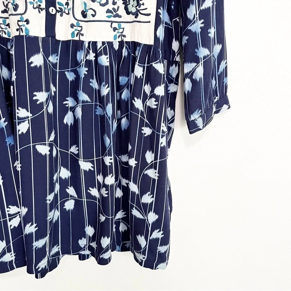 BOGO! Anthropologie Tiny Embroidered Shirt Shift Dress Floral Blue XS